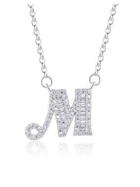 Silver Cubic Zirconia Initial Name Letter "M" Elegant Sparkling Necklace